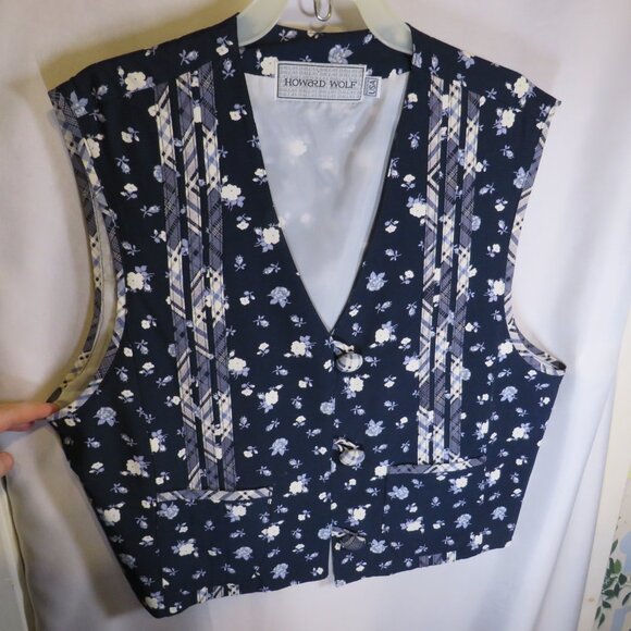 Vintage Howard Wolf Vest - Navy Floral Print with Plaid Detail Periwinkle - Picture 1 of 10